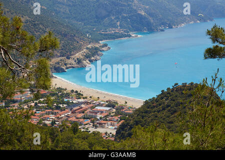 Elevated view of Oludeniz town and Belcekiz beach from the surrounding mountainside in Turkey. Stock Photo
