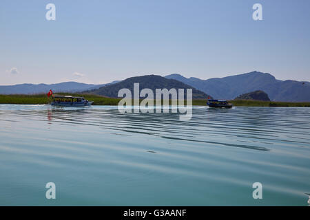 Dalyan River Tourist Boat on its way to turtle island, Dalyan River Turkey. Stock Photo