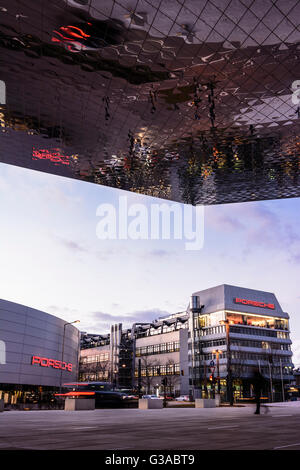 Porsche Museum (lower roof) , Porsche headquarters and Porsche factory in Zuffenhausen, Germany, Baden-Württemberg, Region Stutt Stock Photo