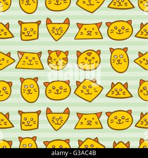 Seamless pattern with orange cat faces on striped blue background. Stock Vector