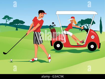 At a golf course young man hitting a ball with a club and a woman driving by in a golf cart Stock Vector