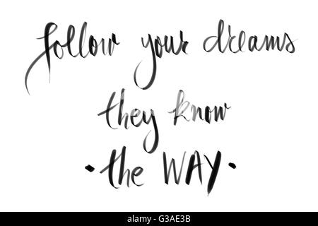 Follow Your Dreams, They Know The Way motivational quote. Authentic hand writing isolated over white background as graphic resource. Stock Photo