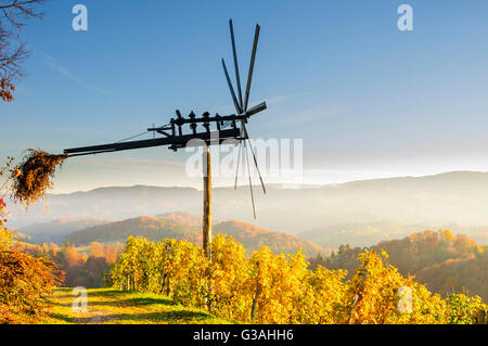 Traditional slovene scarecrow erected in vineyards in autumn, klopotec Stock Photo