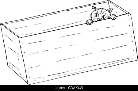 Outline illustration of cute tabby kitten peeking from inside of wooden crate Stock Vector