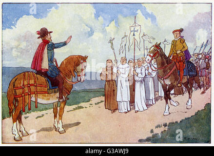 The Pilgrimage of Grace (October 1536-October 1537) - a massive protest against Henry VIII's break with the Roman Catholic Church, the Dissolution of the Monasteries, and the policies of the King's chief minister, Thomas Cromwell, as well as other specific political, social and economic grievances. Thomas Howard, 3rd Duke of Norfolk confronts the marchers and requests they return to their homes. Stock Photo