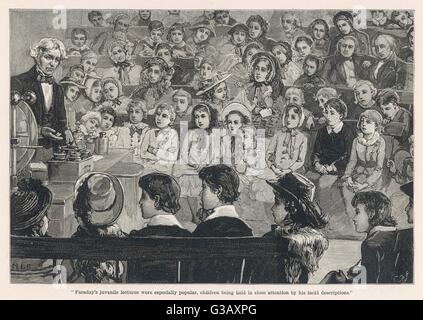 Michael Faraday, English  chemist and physicist,  lectures to an audience of  children.      Date: 1881 Stock Photo