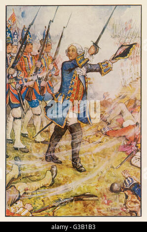 GEORGE II, KING OF ENGLAND leads his men into battle,  successfully defeating a much  larger French army at  Dettingen during the Austrian  Succession War     Date: 27 June 1743 Stock Photo