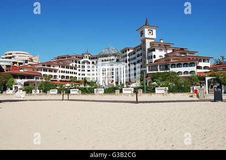 SUNNY  BEACH, BULGARIA - JUNE 19, 2011: Modern building and big beach on the Sunny Beach, Black Sea coast of Bulgaria. Stock Photo