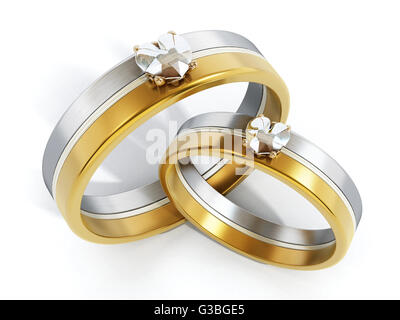Wedding rings isolated on white attached together. 3D illustration Stock Photo