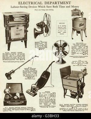 Labour-saving devices which save time and money, products from the Harrod's catalogue electrical department.     Date: 1929 Stock Photo