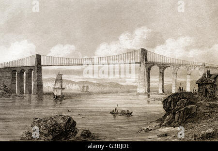 The Menai Suspension Bridge, Wales, England, 19th century Stock Photo