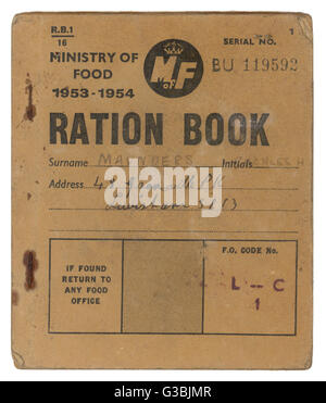 A Ministry of Food Ration  Book, proving that rationing  lasted in Britain for several  years after World War Two  ended in 1945.      Date: 1953 - 1954 Stock Photo