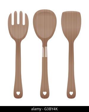 Salad servers - wooden cutlery set - fork, spoon and spatula with blanked out hearts on the handles. Stock Photo