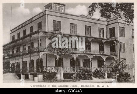 Verandah of the Marine Hotel, Barbados, British West Indies Stock Photo