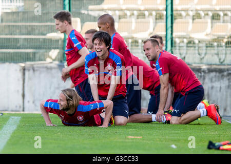Jaroslav Plasil, laying, and Tomas Rosicky attend the Czech national team's training session in Tours, France, June 9, 2016, where it will house during the championship of football EURO 2016. (CTK Photo/David Tanecek) Stock Photo