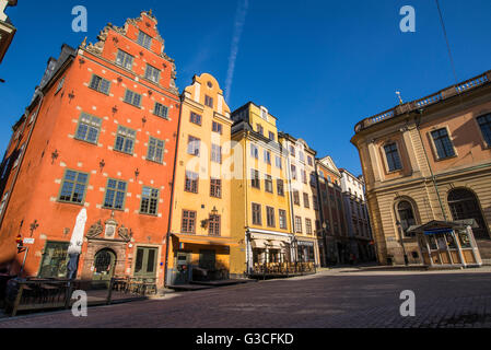 Colorful buildings in Stockholm's historic Gamla Stan district. Stock Photo