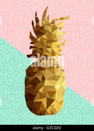 Retro summer concept illustration of pineapple fruit gold low poly design with memphis style shapes background in soft pink blue Stock Vector