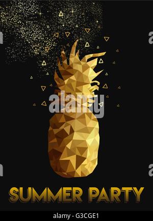 Retro summer party celebration design of pineapple in gold low poly style with night sky and stars background for invitation Stock Vector