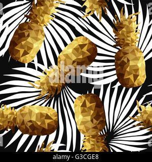 Luxury retro summer seamless pattern, gold color pineapple fruit background low poly style with nature palm tree leaf shapes Stock Vector
