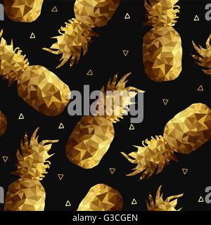Luxury retro summer seamless pattern, gold color pineapple fruit background in low poly style with geometric triangle shapes Stock Vector