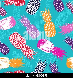 Retro summer seamless pattern design, pineapple fruit with happy vibrant colors and vintage 80s pop art elements. EPS10 vector. Stock Vector