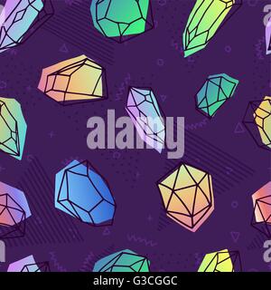 Modern 80s style seamless pattern of colorful crystal stones in soft pastel colors, simple hand drawn diamond rocks Stock Vector