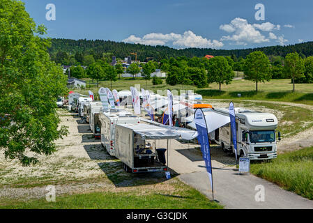 Motorhome campsite at the health resort park, Bad Dürrheim, Baden-Württemberg, Germany, Europe Stock Photo
