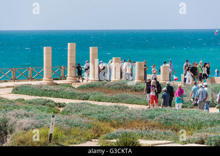 Caesarea, Israel, seaport, excavations, harbour, columns, sea, tourists Stock Photo