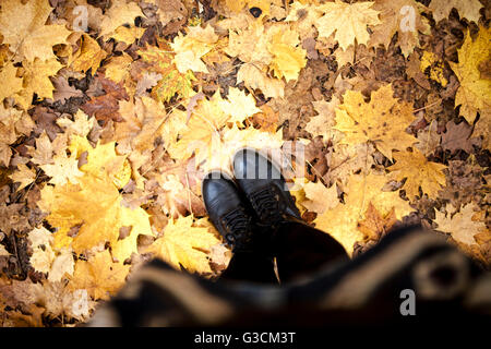 View at shoes from the top down, leaves on the ground Stock Photo