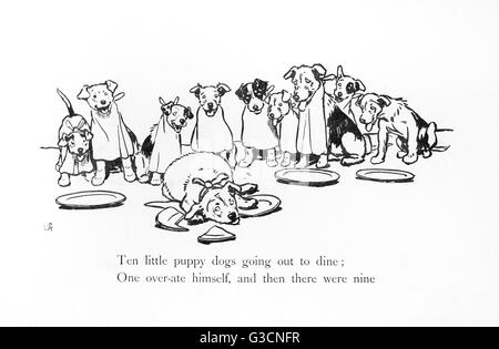 Illustration by Cecil Aldin, Ten Little Puppy Dogs Stock Photo