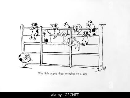 Illustration by Cecil Aldin, Ten Little Puppy Dogs Stock Photo