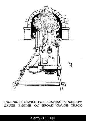 Vignette illustration, Railway Ribaldry by W Heath Robinson -- Ingenious device for running a narrow gauge engine on broad gauge track.      Date: 1935 Stock Photo