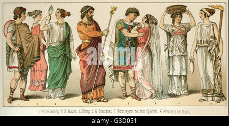 Ancient Greece costume, wearing chiton, peplos and peplum tunics and  himation.      Date: circa 500 BC Stock Photo