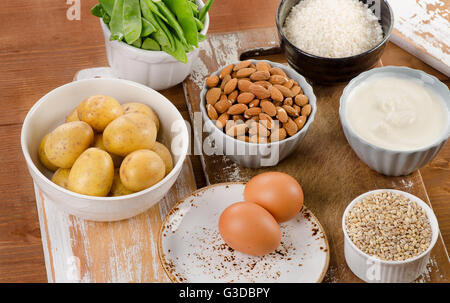 Vitamin H Rich Foods on a rustic wooden board. Healthy eating. Stock Photo