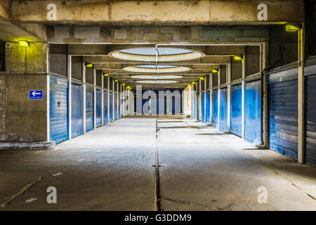 Industrial look pedestrian underpass in Golden Lane Estate, a 1950s council housing complex in the City of London. Stock Photo