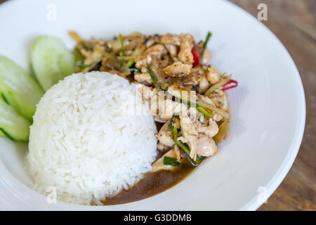 Thai food Thai spicy food, Fried chicken with sweet basil. Stock Photo