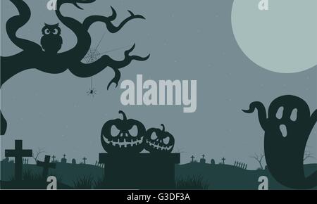 Halloween ghost and pumpkins in tomb at the night Stock Vector