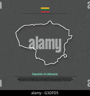 Republic of Lithuania isolated map and official flag icons. vector Lithuanian political map thin line icon over grunge backgroun Stock Vector