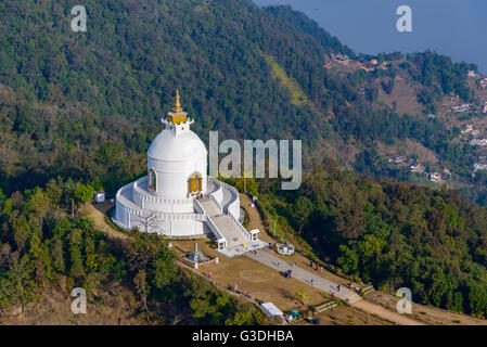 Aerial view of the World Peace Pagoda in Pokhara, Nepal Stock Photo