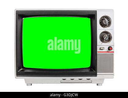 Old television isolated on white with chroma green screen. Stock Photo