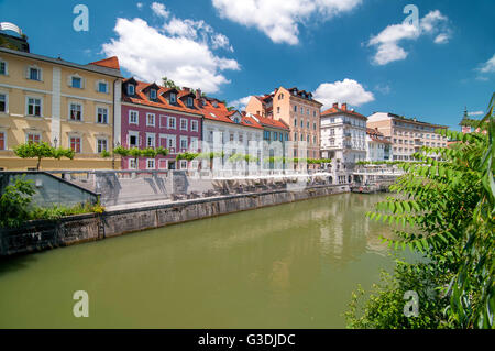 Colorful buildings in Ljubljana's old city center on a bright sunny day, Ljubljana, Slovenia Stock Photo