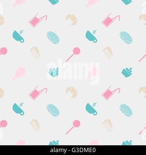 Sweet seamless pattern. Party food and deserts: ice cream, juice, croissant, lollipop, cupcake, popsicle, chocolate, milkshake, Stock Vector