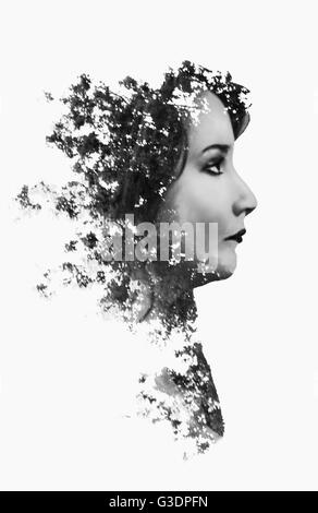 Women double exposure with forest Stock Photo