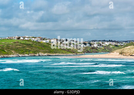 Crantock Beach and the Gannel with Pentire Village beyond. Near Newquay, Cornwall, UK. Stock Photo