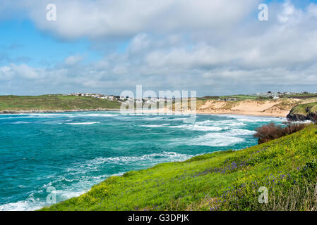 Crantock Beach and the Gannel with Pentire Village beyond. Near Newquay, Cornwall, UK. Stock Photo