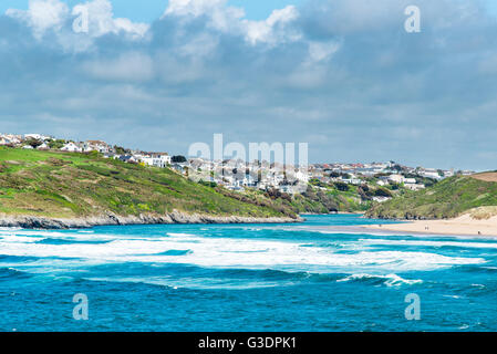 Crantock Beach and the Gannel with Pentire Village beyond. Near Newquay, Cornwall, UK. Stock Photo