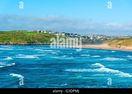 Crantock Beach and the Gannel with Pentire Village beyond. Near Newquay, Cornwall, UK. Stock Photo