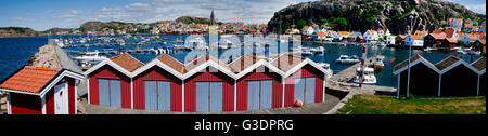 Yachts in a marina at the Swedish fishing village Fjällbacka on the west coast, panorama Stock Photo