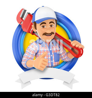 3d logo illustration. Plumber with pipe wrench. Isolated white background. Stock Photo