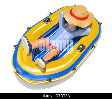 3d young people illustration. Man in shorts sleeping on an inflatable boat. Isolated white background. Stock Photo